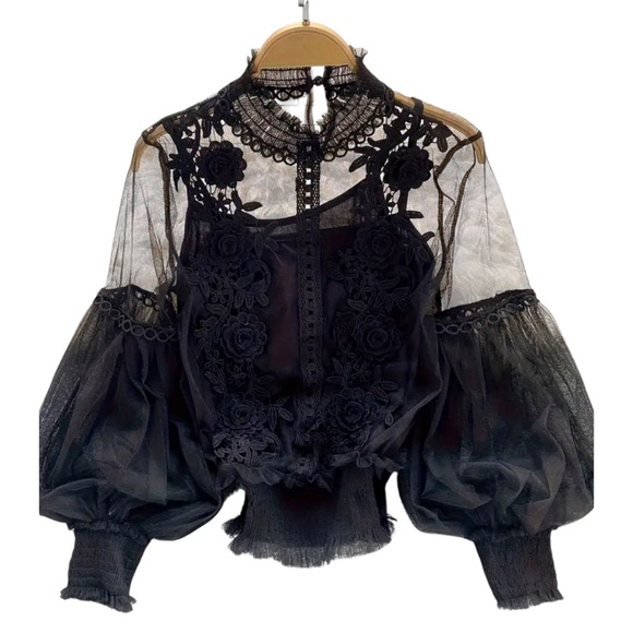 ❤️ Victorian x Gothic Tulle Lace Bell Sleeve Sheer Blouse - Picture 2 of 12